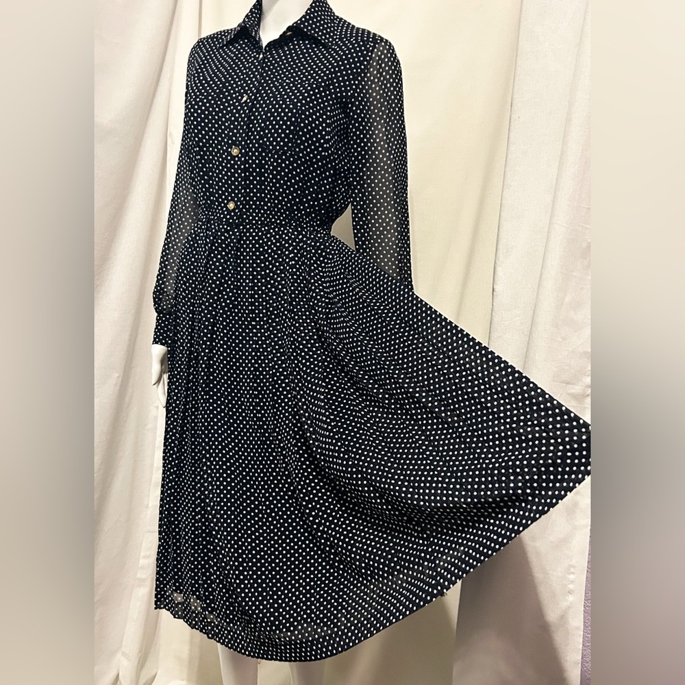 Rare Vintage Sz 9 Polka Dot Pleated Flowy Midi Dress Cottagecore Academia Retro